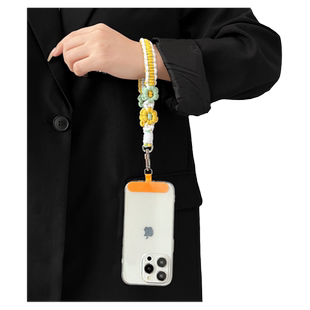 宽版手编手机挂绳小雏菊花花手腕款手绳挂件钥匙扣ccd包包腕带防丢电话带子吊绳结实编织短款女链夹片垫片壳