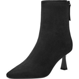 真美诗时尚编辑2025冬新款羊皮法式尖头高跟弹力瘦瘦靴时装短靴女