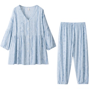 胖mm加肥大码人造棉棉绸开衫睡衣套装女春秋夏季宽松家居服200斤