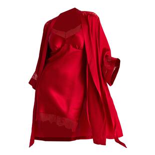 GP春夏新款19姆米蕾丝镂空真丝睡袍红色新娘晨袍中袖桑蚕丝睡衣女