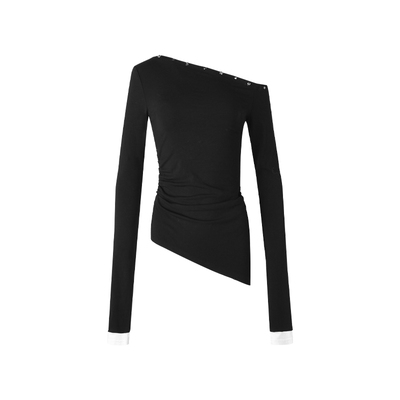 ourhour一字肩铆钉镶边斜肩上衣