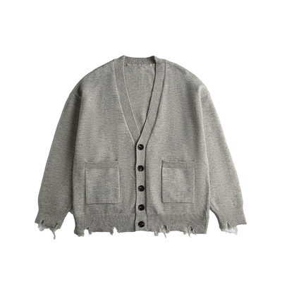 男道2024秋冬新款衣摆破损开衫男美式复古毛边针织衫慵懒毛衣外套