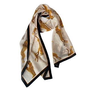 “金钱抱”豹子真丝米色薄款围巾女秋季显白蚕丝洋气长条丝巾发带