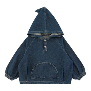幼悠男童复古时髦桑蚕丝羊绒牛仔外套春季柔顺亲肤休闲连帽上衣潮