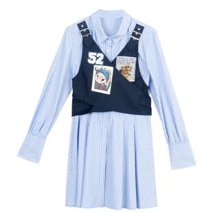 KEIKO 学院风蓝色条纹衬衫连衣裙春季层次感假两件显瘦蝴蝶结短裙