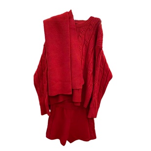 慵懒松弛感韩式毛衣套装女chic圆领麻花纹上衣针织短裤围巾三件套