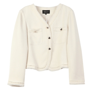 NEELLY纳俪V领甜美精致毛边上衣女秋冬单排扣法式名媛风短款外套