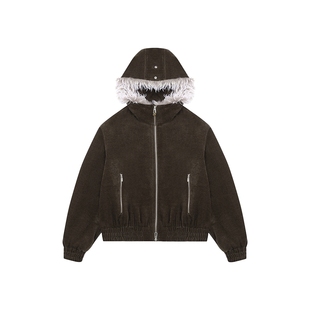 张慧雯同款AlexiaSandra2025冬季新款夹棉毛边帽衫夹克百搭外套女