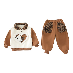 女童豹纹加绒套装秋冬季新款5儿童装1-3女宝宝卫衣加绒裤子两件套