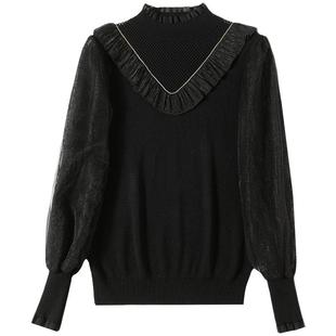 半高领针织衫女2025秋内搭拼接假两件毛衣女网纱袖镂空上衣打底衫