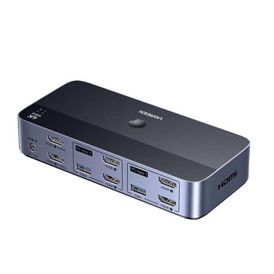 绿联kvm切换器hdmi二进二出复制扩展双屏一套键鼠控制两台电脑2双主机共用2个显示器多usb共享同步分配切屏器