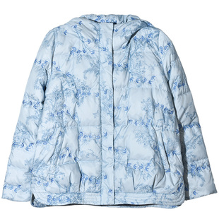 GESGOO时尚连帽蓝色羽绒服女秋冬2025新款绣花设计白鸭绒外套保暖