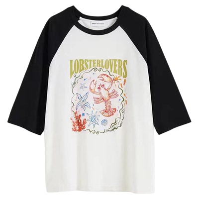 短句Lobster手绘印花插肩短袖