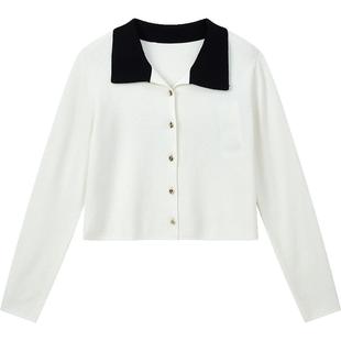 MOFAN摩凡时尚撞色翻领针织衫女春秋款款米白绵羊毛混纺显瘦毛衣