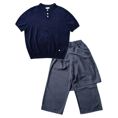 iaiammo丨韩版亚麻棉轻薄针织短袖 假两件长围裙裤 男女中大童装