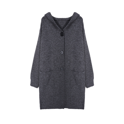 灰色中长款连帽针织开衫女秋冬