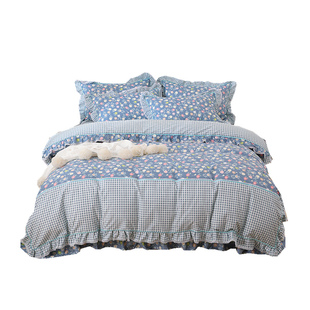 韩版公主风荷叶边四件套全棉纯棉少女心裸睡紫色被套床单床上用品