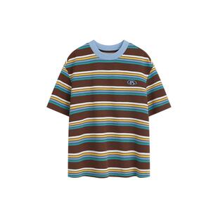 Bobbybecky撞色复古条纹T恤圆领珠地网眼棉短袖夏款tee美式学院风