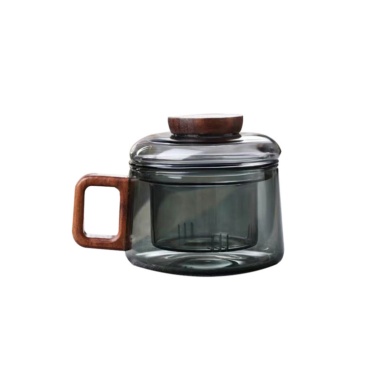木把烟灰色茶杯高硼硅泡茶玻璃墩墩杯带过滤茶水分离杯200ml