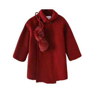 皇室童缘女童新年红色双面呢大衣冬季新款儿童羊毛呢子外套中大童