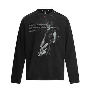 BTSG美式复古vintage摇滚做旧金属铆钉长袖T恤中古着休闲百搭上衣