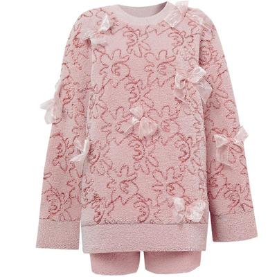 落肩套头毛绒卫衣拼接短裤