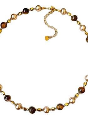 复古琥珀色珍珠串珠项链