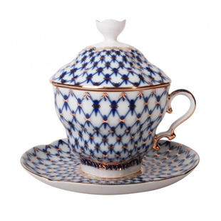 俄皇LOMONOSOV钴蓝网纹勿忘我花篮硬瓷带盖茶杯碟精致轻奢礼盒装