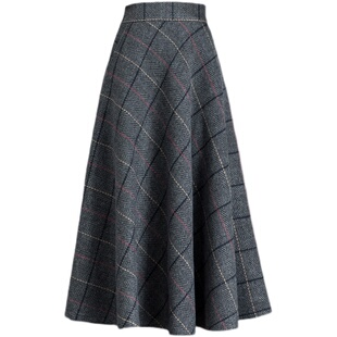 2025秋冬季中长款毛呢复古格子半身裙高腰A字大摆裙显瘦大码女裙