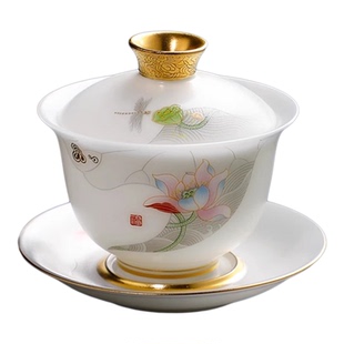 冰种羊脂玉瓷功夫茶具套装家用办公高档轻奢盖碗茶壶茶杯好运连连