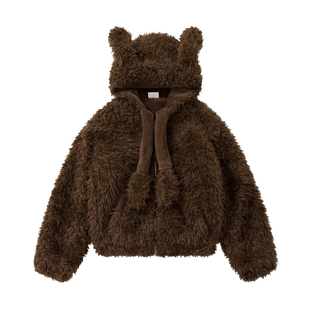 Double L2 可爱毛茸茸仿羊羔毛耳朵连帽外套女设计感加厚保暖棉衣