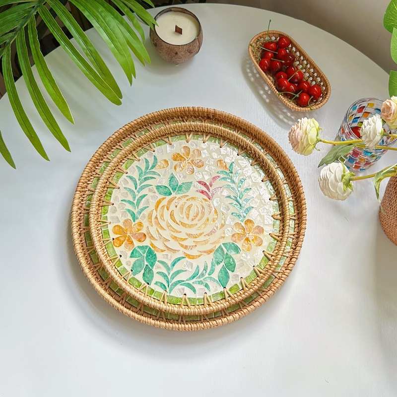 越南藤编托盘贝壳水果盘藤篮篮子圆编织篮点心日式早餐面包竹编筐