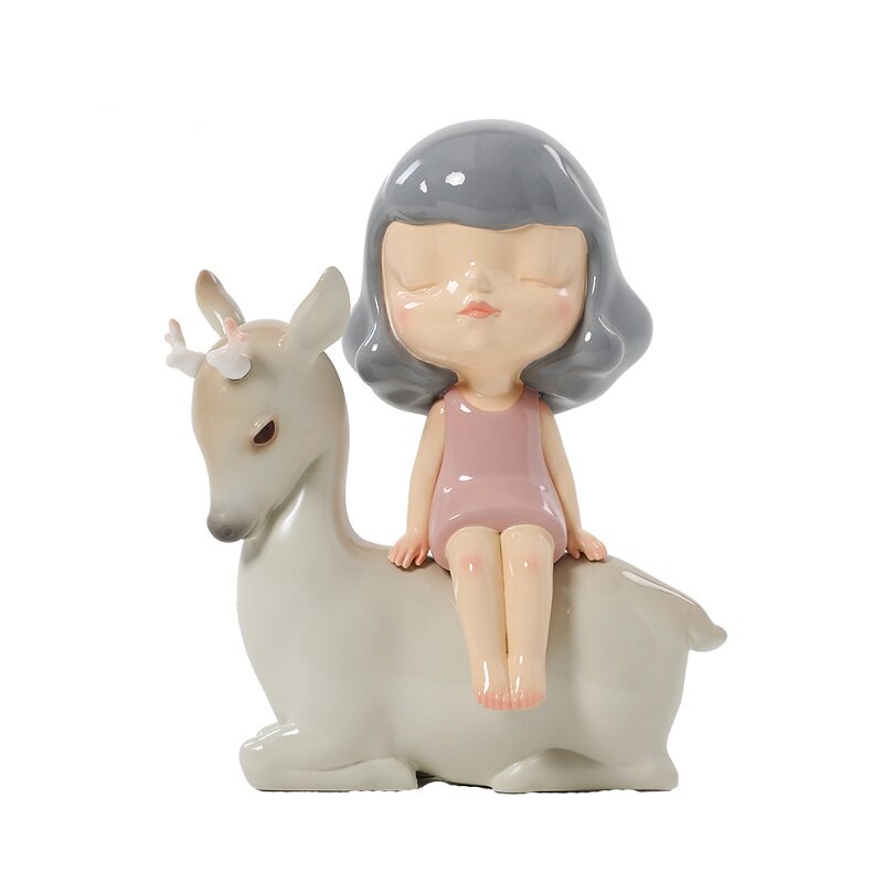蓝色蜗牛少女梦鹿可爱风小摆件