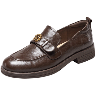 意尔康真皮深口鞋女2026秋季新款复古英伦风圆头一脚蹬粗跟乐福鞋