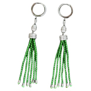 天然翡翠A货银镶满色绿珠耳坠 流苏耳环 附带证书 辣绿色女