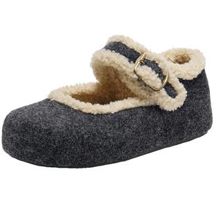 百丽厚底半糖吐司勃肯鞋女鞋新款加绒毛毛雪地靴玛丽珍棉鞋E1K1