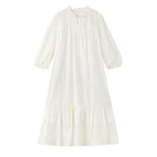 秋水伊人新中式莱赛尔白色连衣裙女春新款木耳边圆领气质长裙子