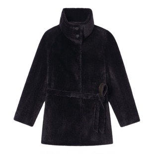 诗篇专选海军领中长款直毛皮毛一体外套2025冬季款