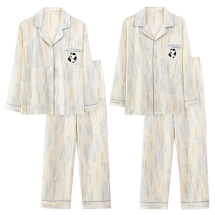 自带胸垫情侣睡衣女士春秋款秋季开衫纯棉长袖家居服翻领男款套装