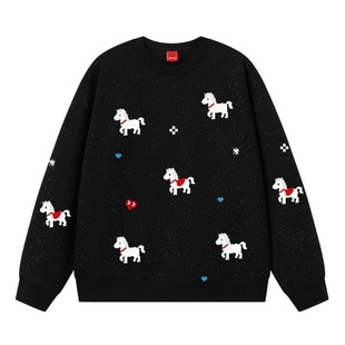 查尔斯桃心 小马图案印花圆领卫衣男女同款休闲冬季百搭潮流上衣