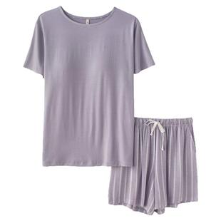 带胸垫AB款睡衣女夏季莫代尔薄款短袖条纹短裤家居服套装可外穿