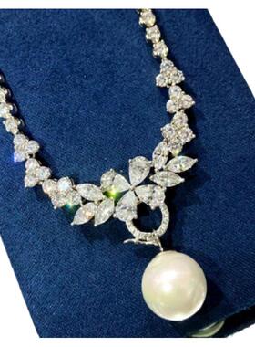 莫桑石天然淡水珍珠满钻繁花项链