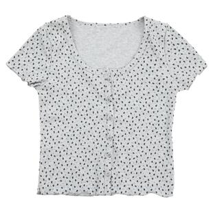 7AM10PM夏季短款性感碎花开衫T恤 bm木耳边系扣开衫 圆领短袖上衣