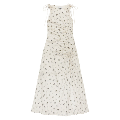 GANNI女装 白鹭色碎花法式优雅气质系带缩褶连衣裙长裙 W0640135