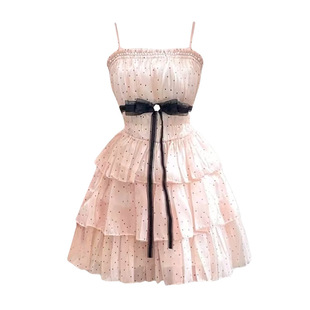 自制甜美波点抹胸连衣裙女夏纯欲少女设计感珠光粉色吊带裙蛋糕裙