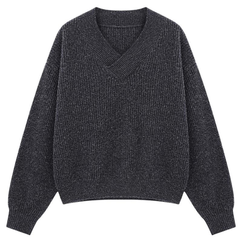 Basic House/百家好秋冬慵懒风交叉V领毛衣女绵羊毛保暖百搭上衣