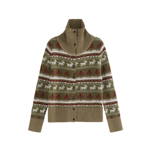 AZure费尔岛全羊毛方领毛衣节日氛围感冰岛小鹿毛衣圣诞针织秋冬