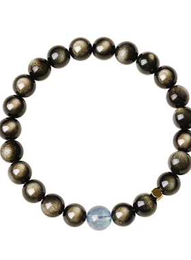 正品金曜石手串男女款天然黑曜石水晶手链海蓝宝串珠生日新年礼物