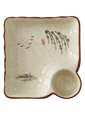 日式餐盘水饺盘复古陶瓷饺子盘带醋碟家用釉下彩餐具薯条盘小吃盘