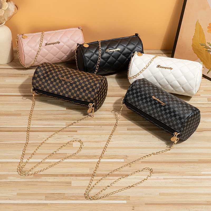 新品 简约圆筒包2023新款小包包菱格斜挎小包花料链条单肩包pu ba